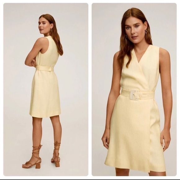 Mango - Belt linen Dress pastel Yellow - 8 - Women Mango - Belt linen Dress pastel Yellow - 8 - Women